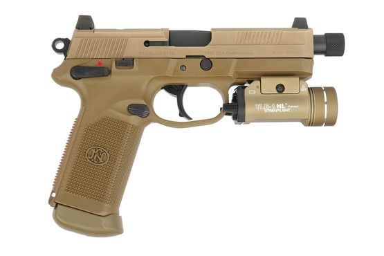 Streamlight TLR 1 800 lumen weapon light attached to an FDE handgun